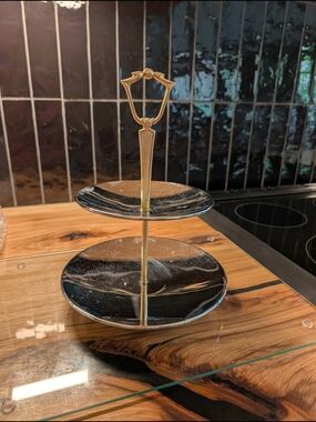 Vintage 40's Two-Tier Stainless Dessert Stand with Gold Handle